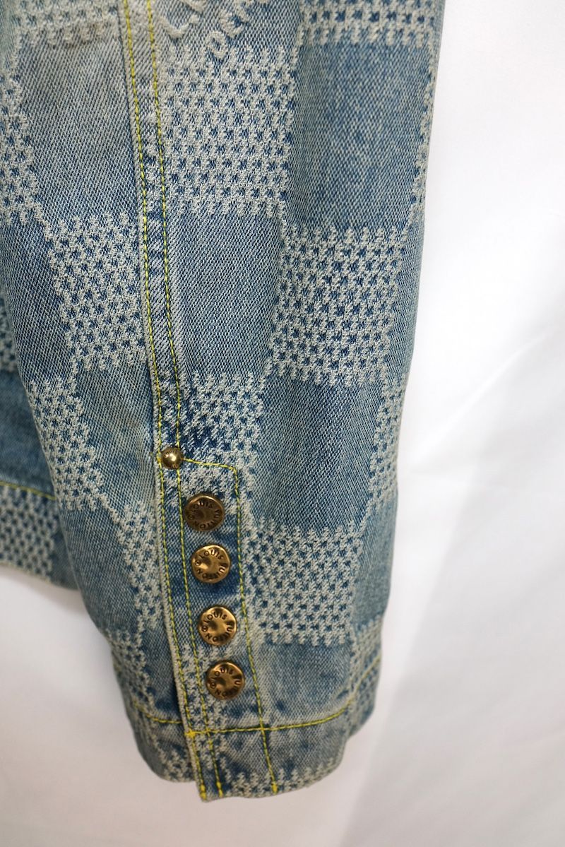 LOUIS VUITTON 25SS Cotton Damier Denim Washed No-Collar Jacket Fake Pearl Buttons Ice Blue Size 48