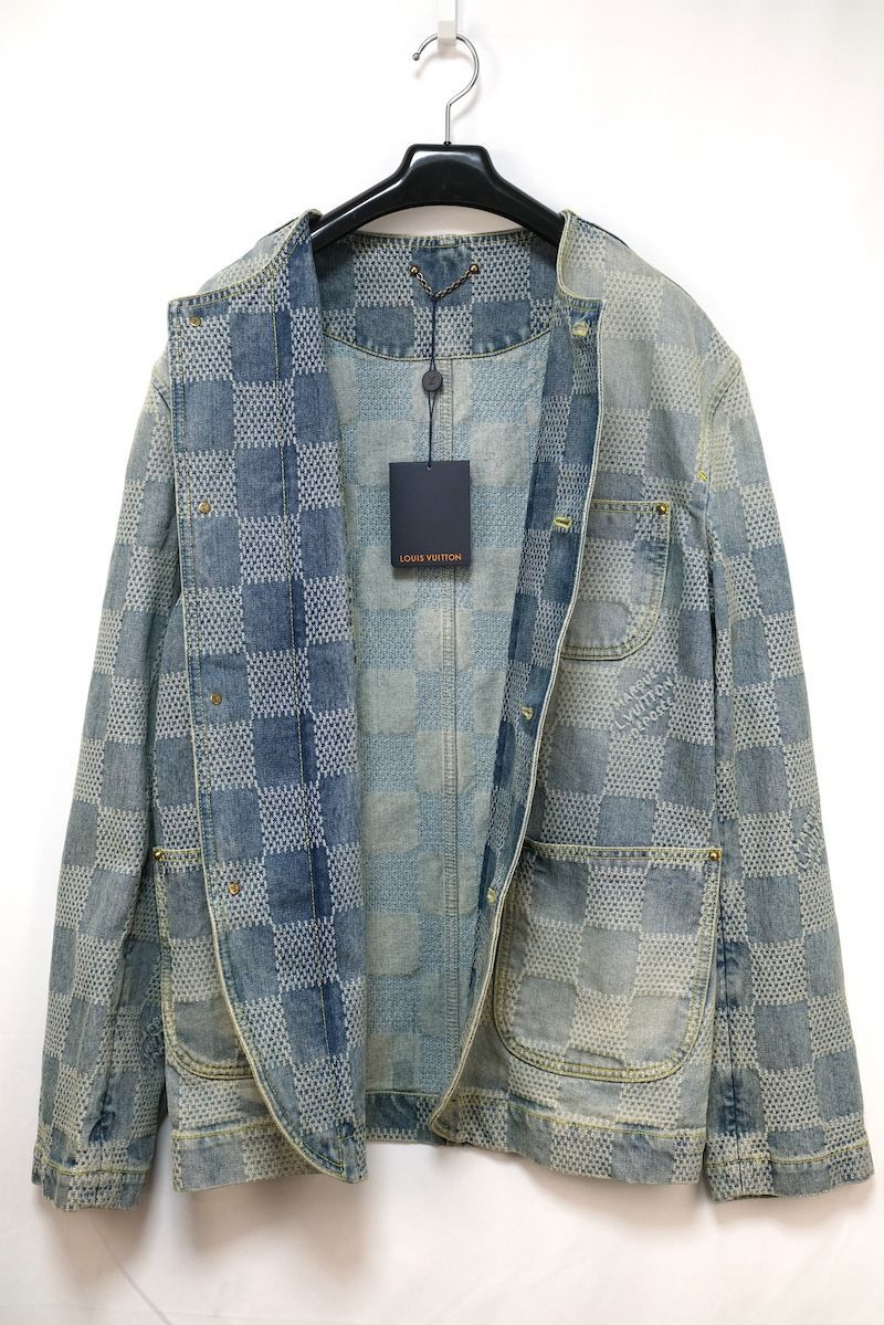 LOUIS VUITTON 25SS Cotton Damier Denim Washed No-Collar Jacket Fake Pearl Buttons Ice Blue Size 48