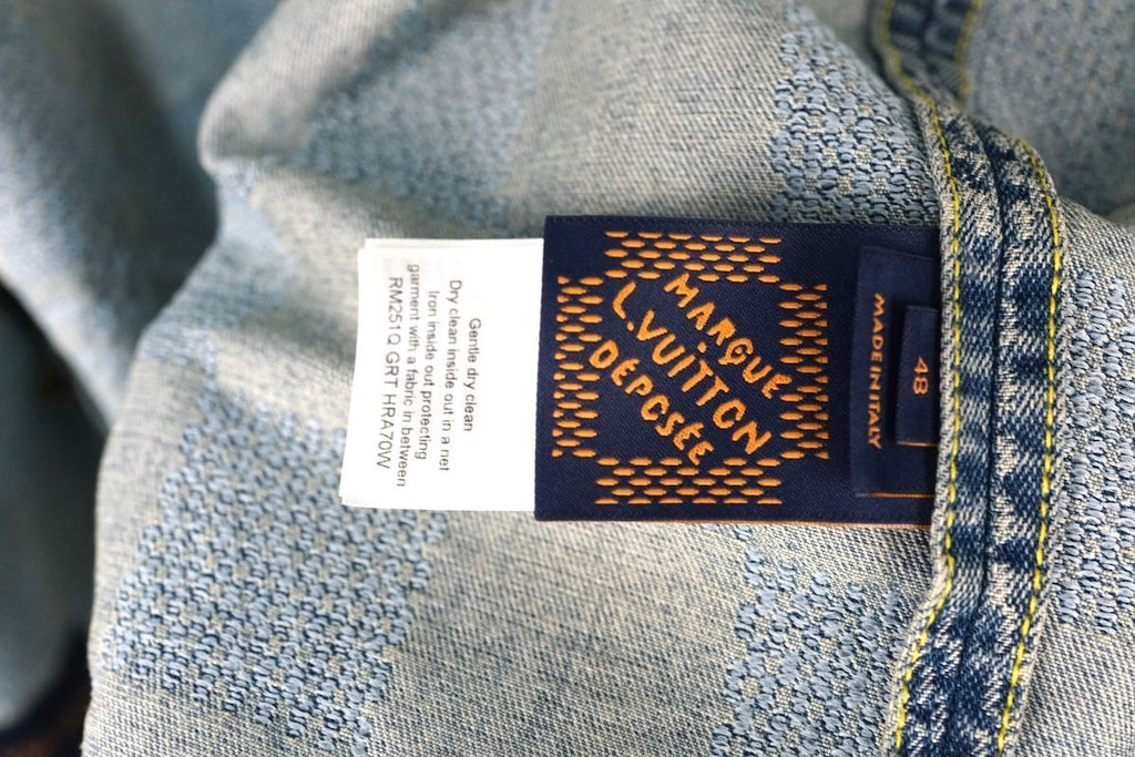 LOUIS VUITTON 25SS Cotton Damier Denim Washed No-Collar Jacket Fake Pearl Buttons Ice Blue Size 48