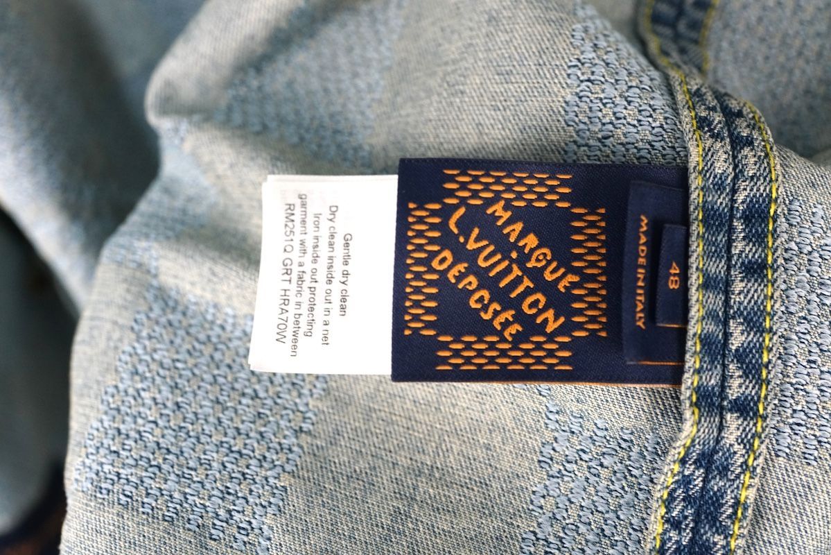 LOUIS VUITTON 25SS Cotton Damier Denim Washed No-Collar Jacket Fake Pearl Buttons Ice Blue Size 48
