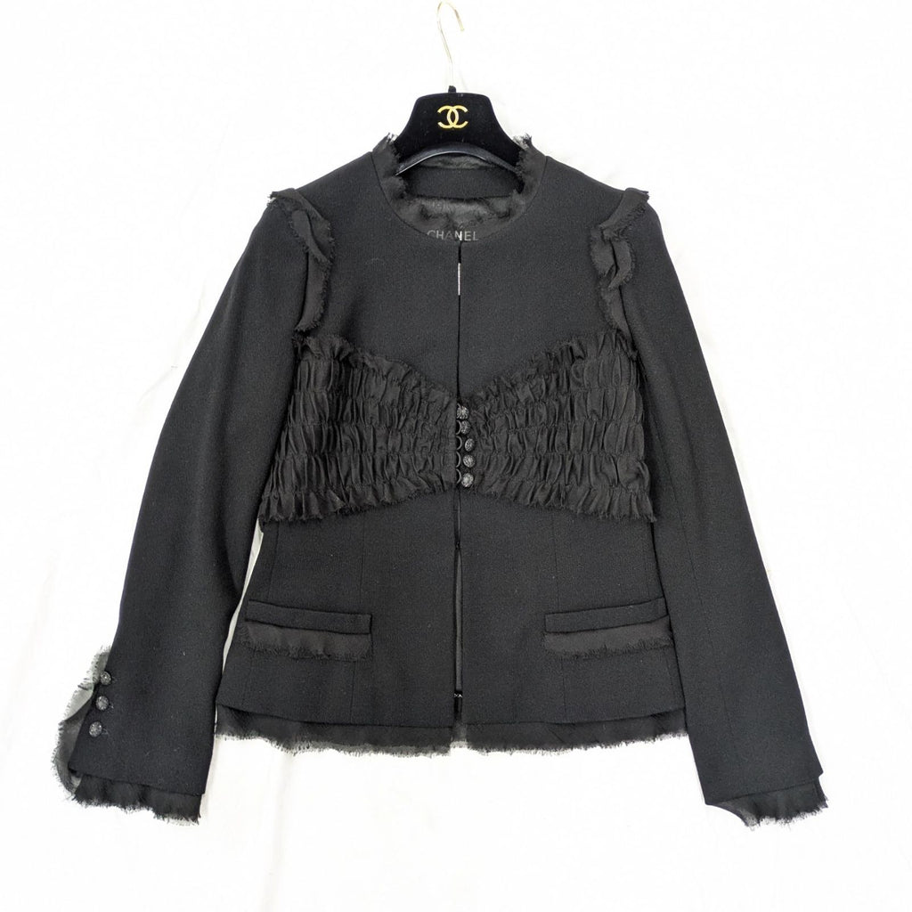 CHANEL Silk Camellia Brooch Jacket Black Rhinestone Lamé Size 38
