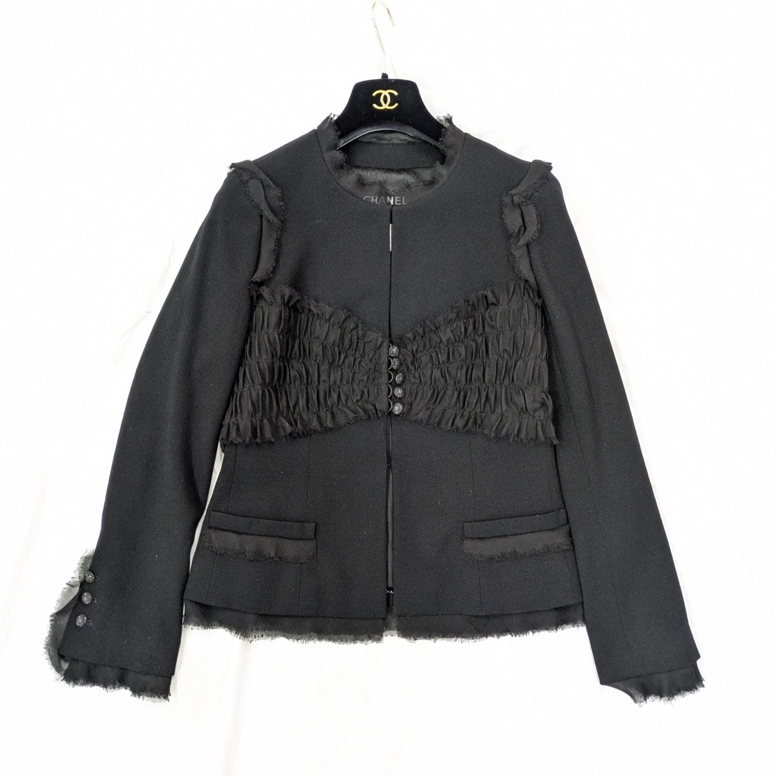 CHANEL Silk Camellia Brooch Jacket Black Rhinestone Lamé Size 38
