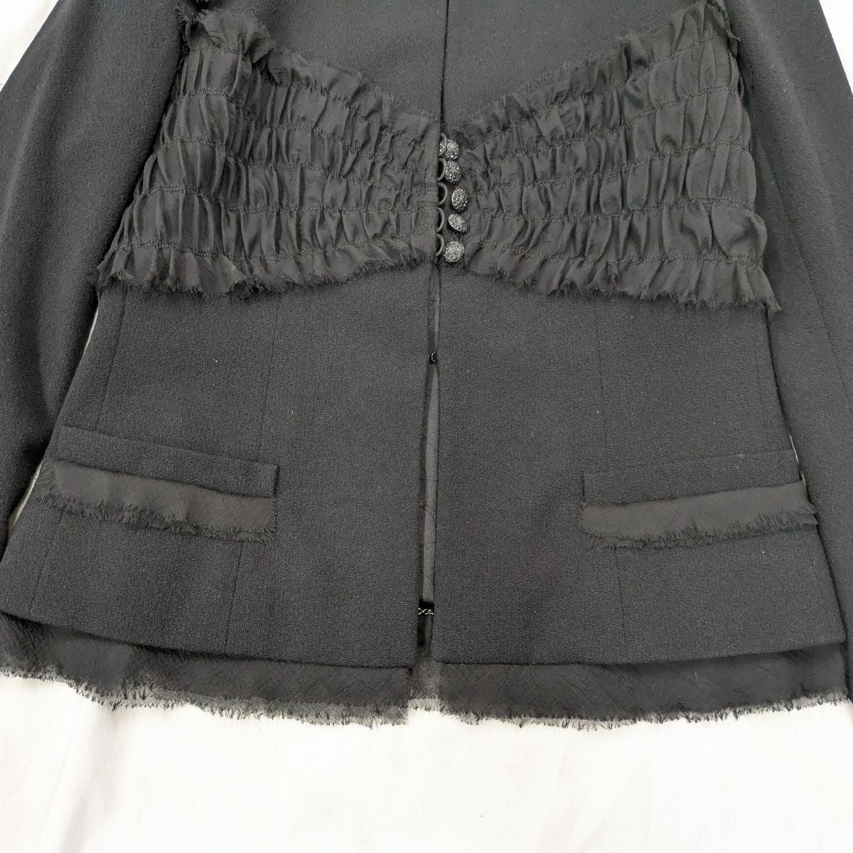 CHANEL Silk Camellia Brooch Jacket Black Rhinestone Lamé Size 38