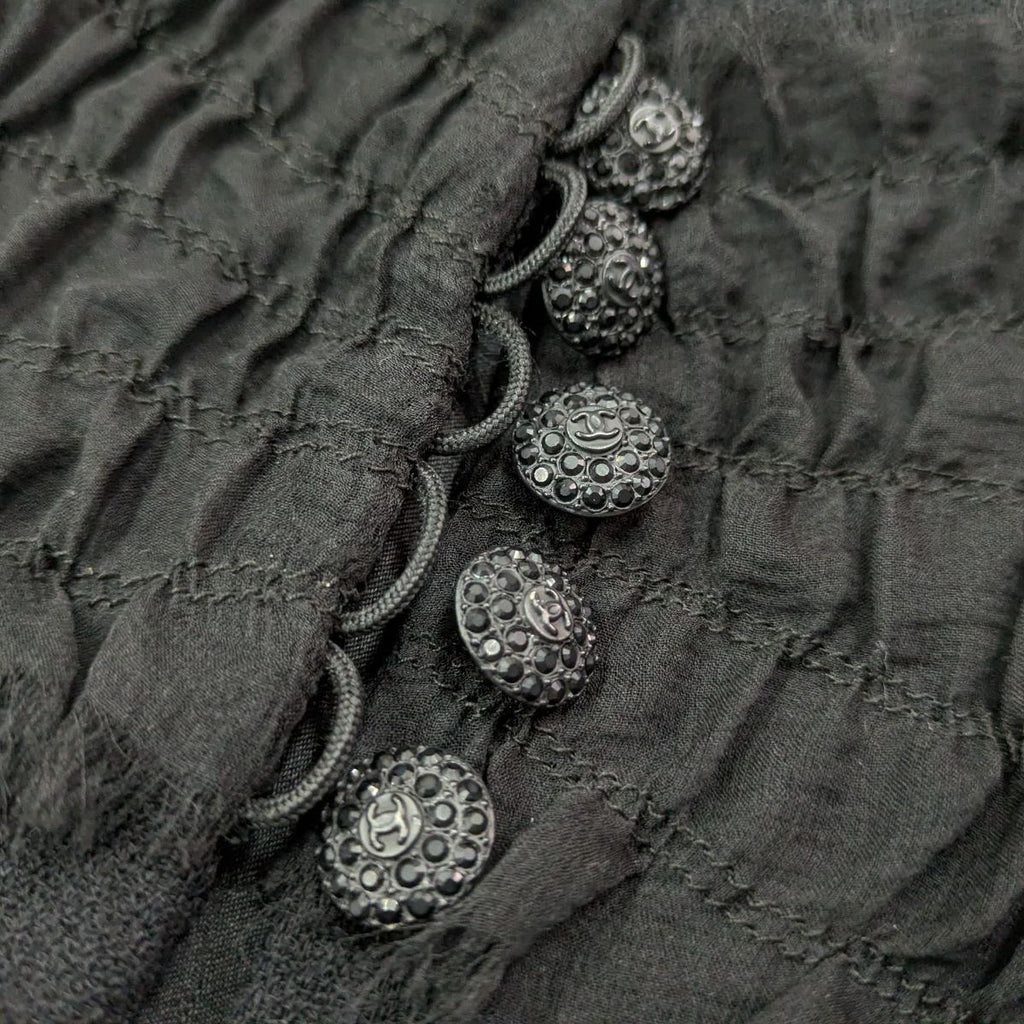 CHANEL Silk Camellia Brooch Jacket Black Rhinestone Lamé Size 38