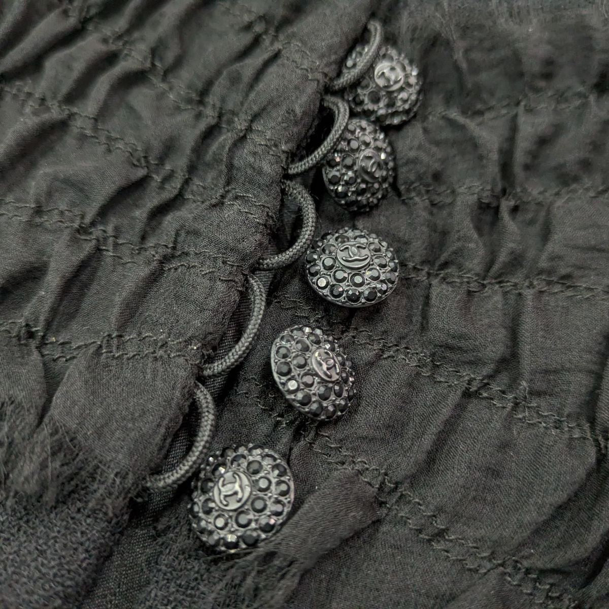 CHANEL Silk Camellia Brooch Jacket Black Rhinestone Lamé Size 38