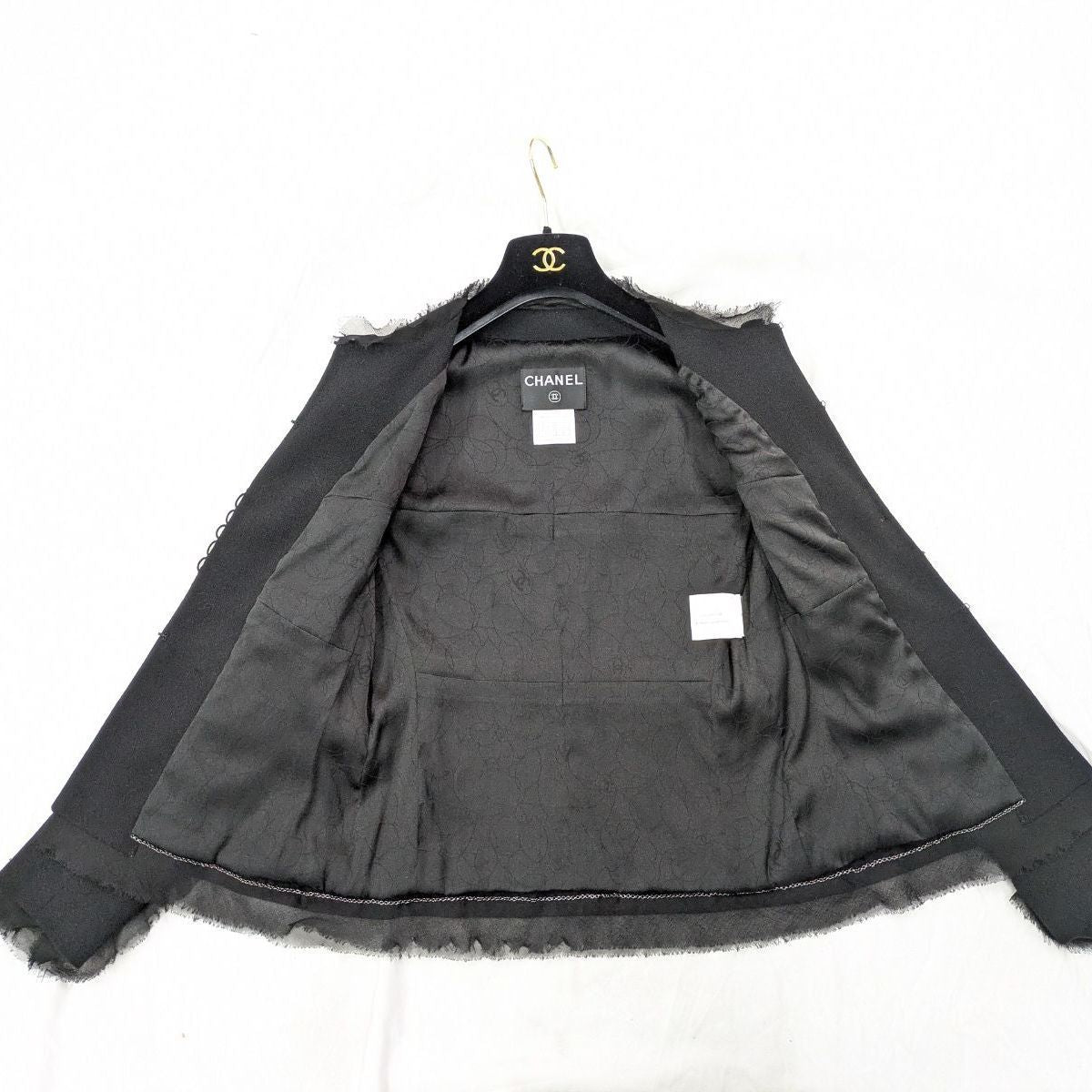 CHANEL Silk Camellia Brooch Jacket Black Rhinestone Lamé Size 38