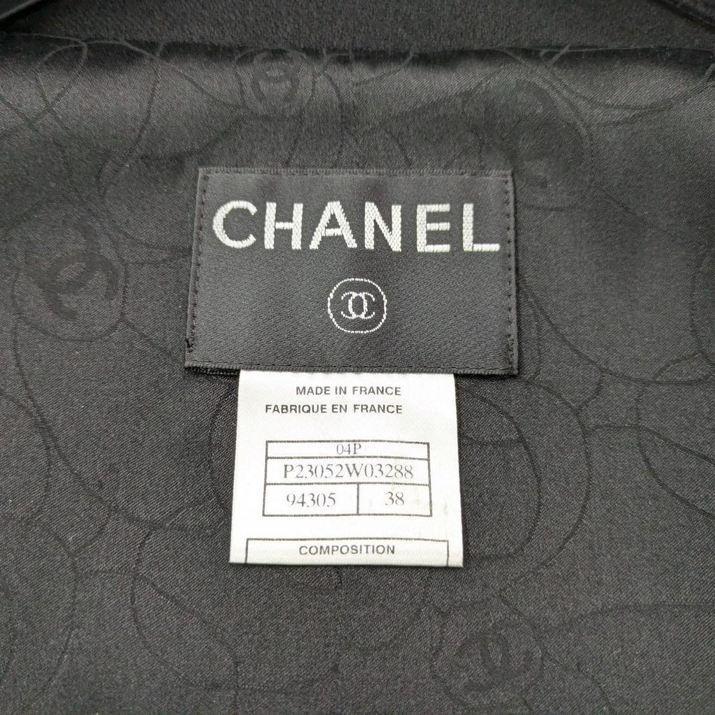 CHANEL Silk Camellia Brooch Jacket Black Rhinestone Lamé Size 38