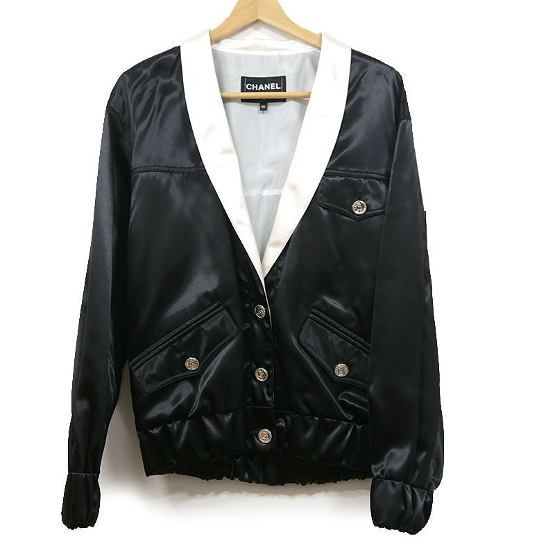 CHANEL No.5 Button Blouson Jacket Black x White Size 38