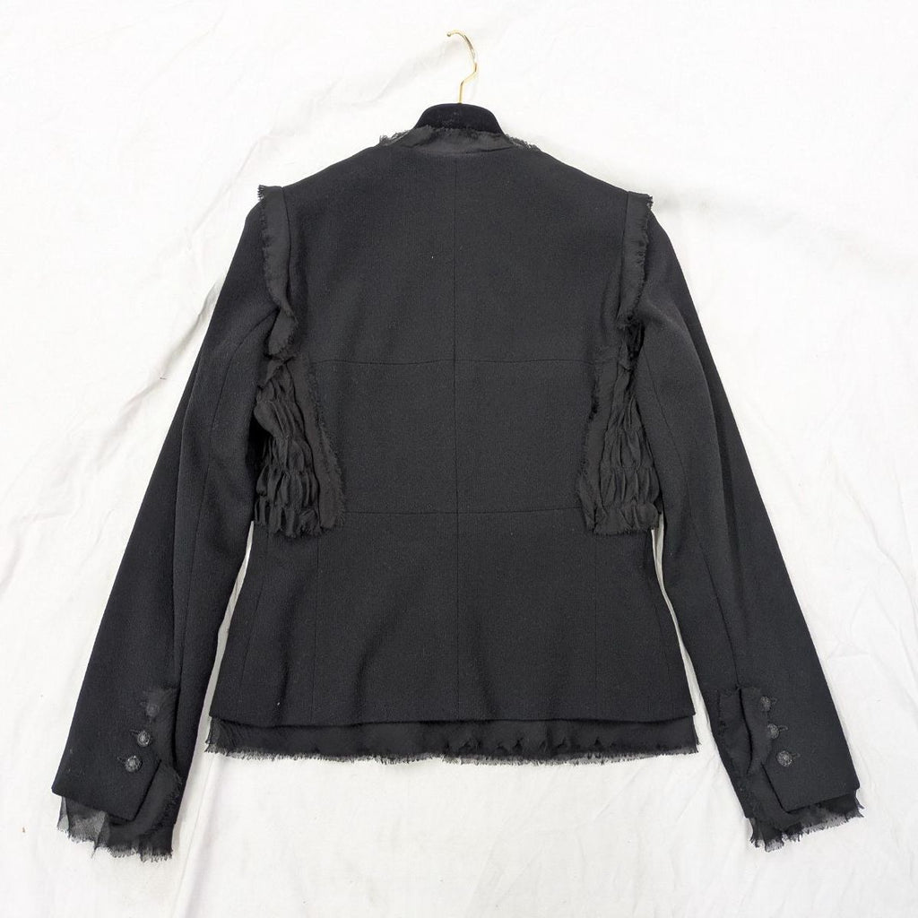 CHANEL Silk Camellia Brooch Jacket Black Rhinestone Lamé Size 38