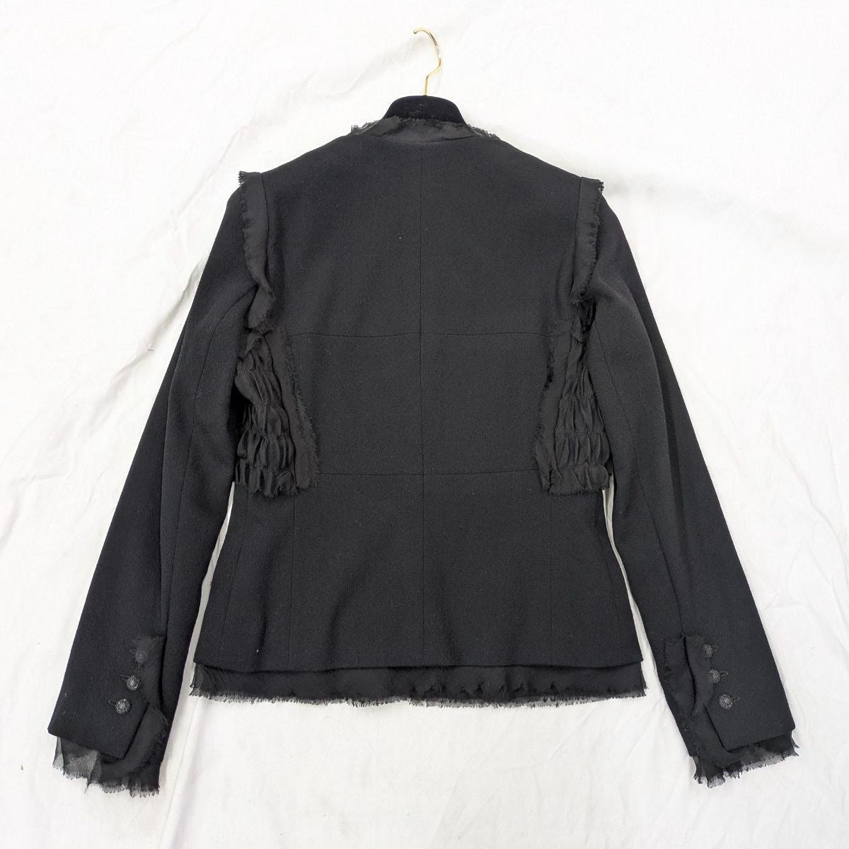 CHANEL Silk Camellia Brooch Jacket Black Rhinestone Lamé Size 38