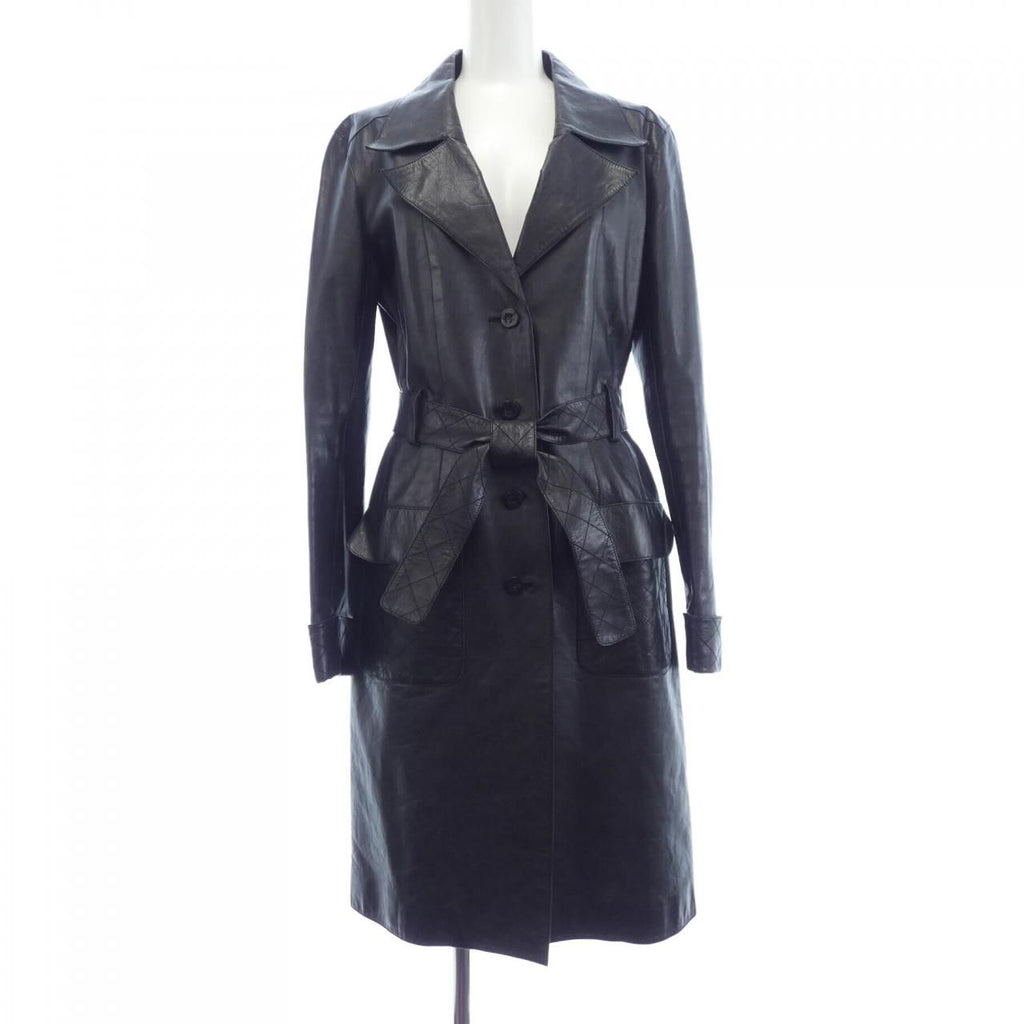 CHANEL Vintage 06P Leather Coat Black Belted