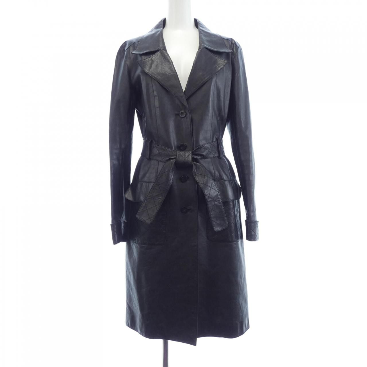 CHANEL Vintage 06P Leather Coat Black Belted