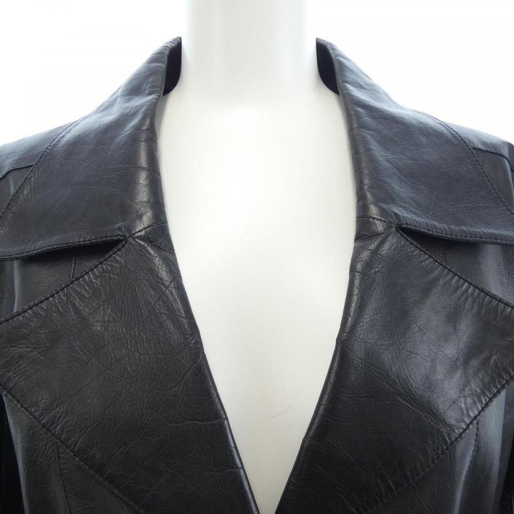 CHANEL Vintage 06P Leather Coat Black Belted