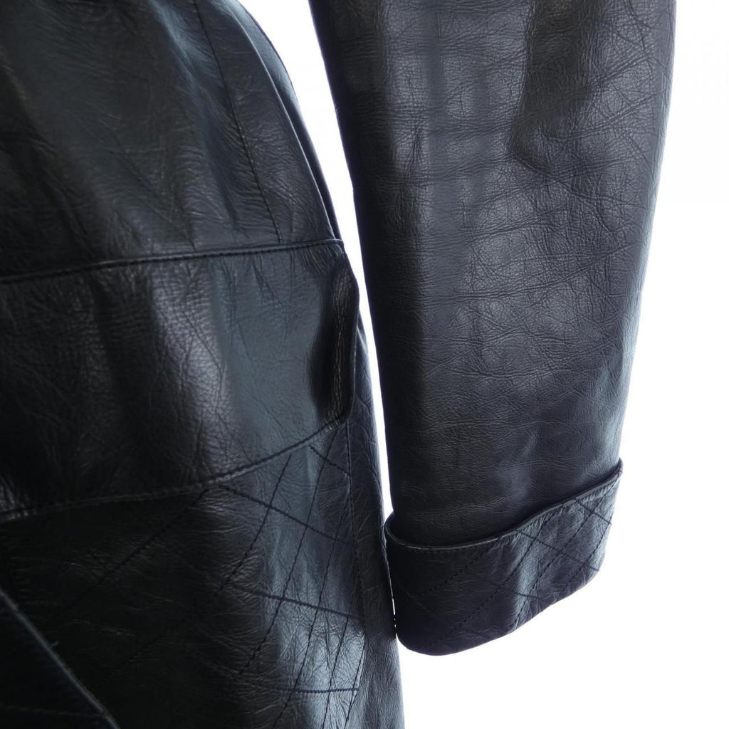 CHANEL Vintage 06P Leather Coat Black Belted