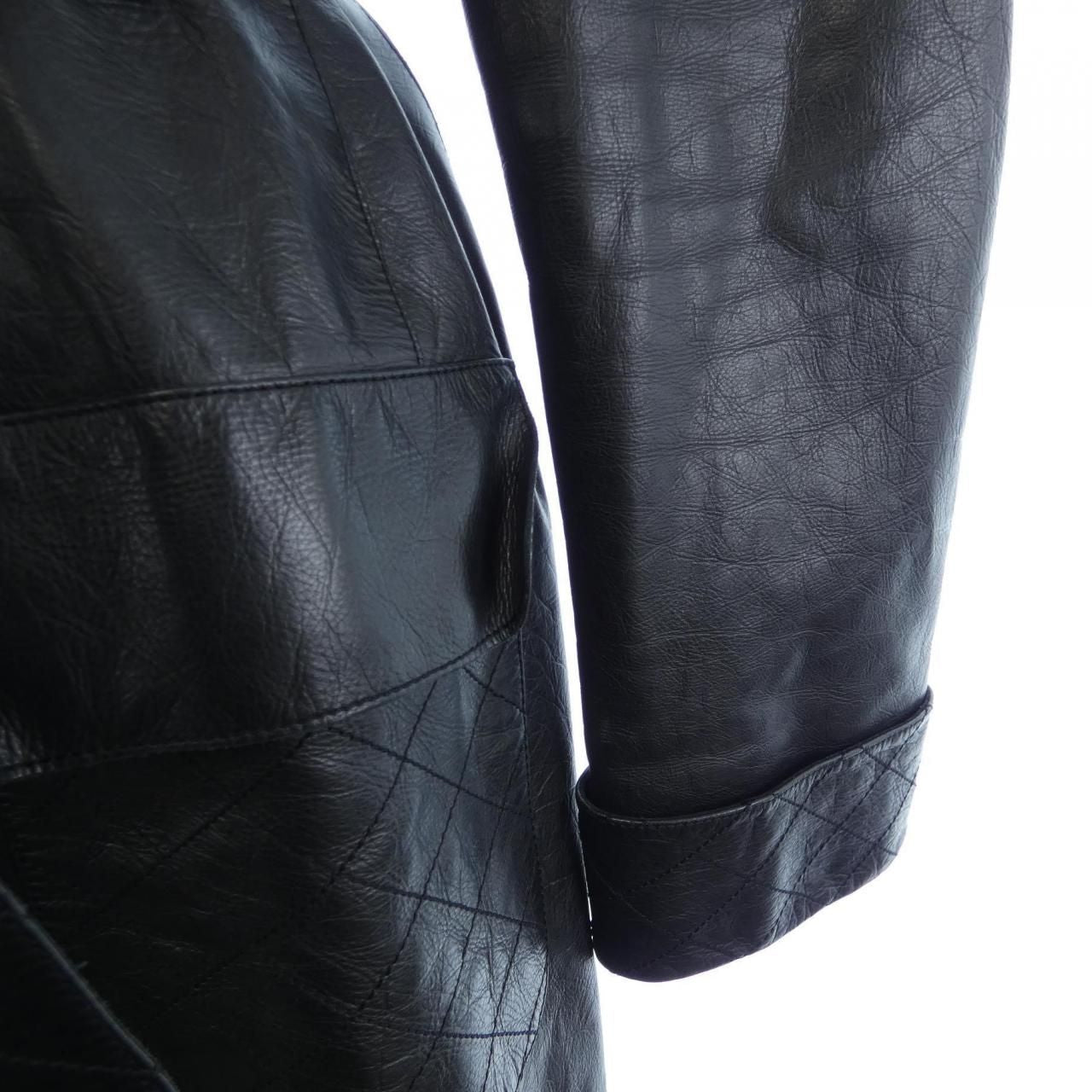 CHANEL Vintage 06P Leather Coat Black Belted