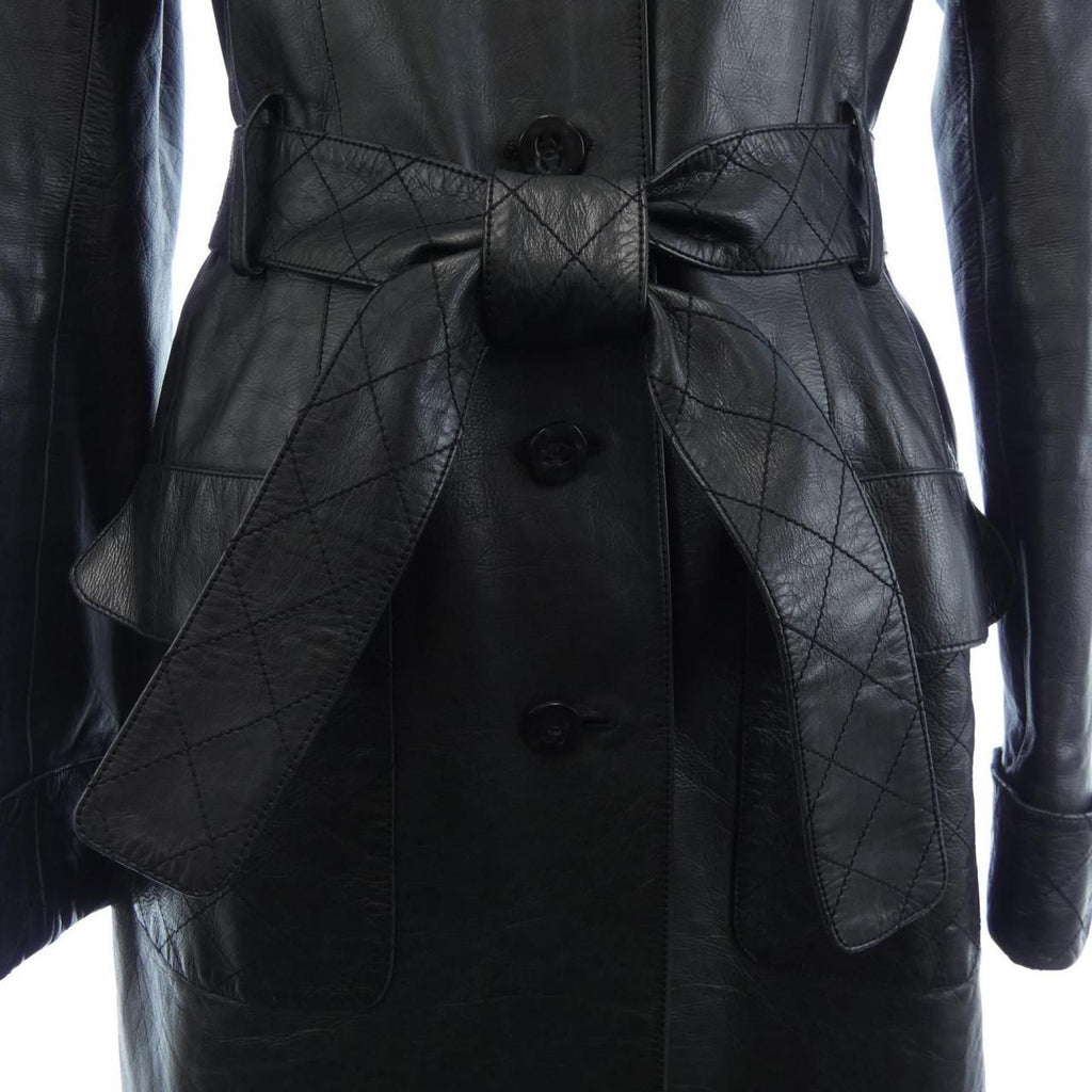 CHANEL Vintage 06P Leather Coat Black Belted