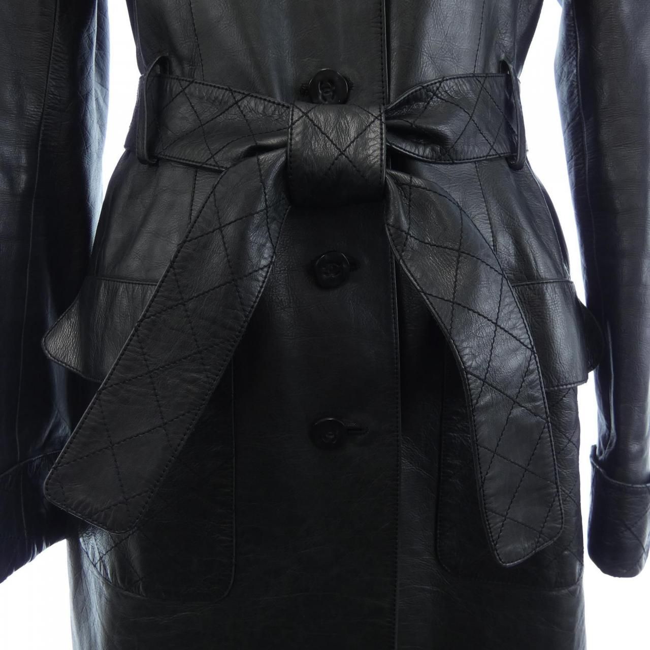 CHANEL Vintage 06P Leather Coat Black Belted