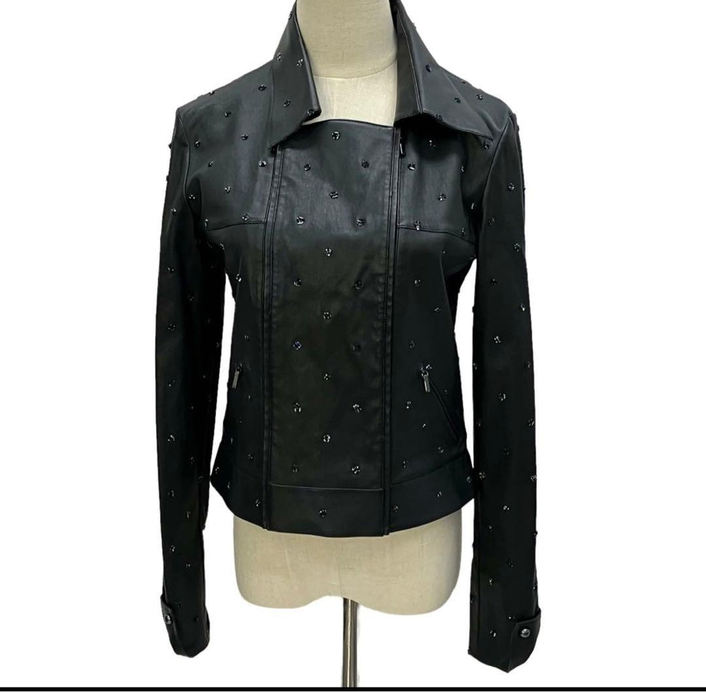 CHANEL Lamb Leather Double Riders Jacket Dot Motif Size 38