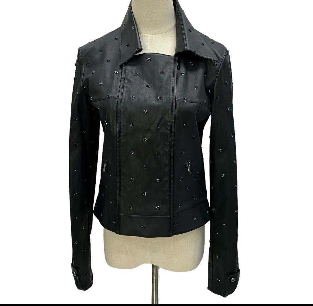 CHANEL Lamb Leather Double Riders Jacket Dot Motif Size 38