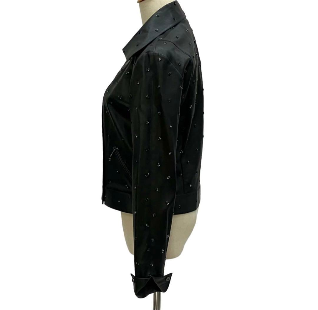 CHANEL Lamb Leather Double Riders Jacket Dot Motif Size 38
