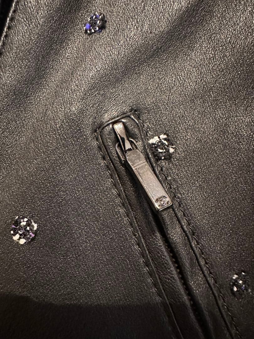 CHANEL Lamb Leather Double Riders Jacket Dot Motif Size 38