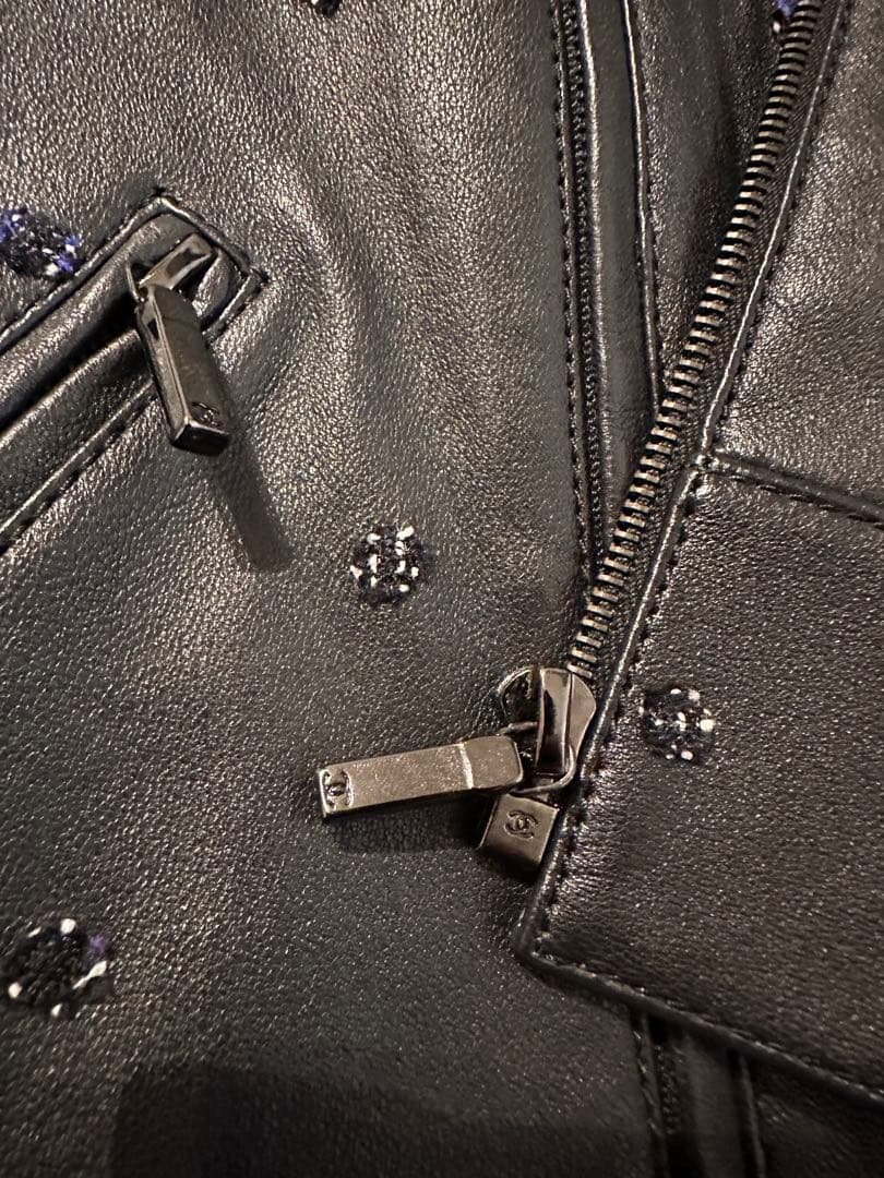 CHANEL Lamb Leather Double Riders Jacket Dot Motif Size 38