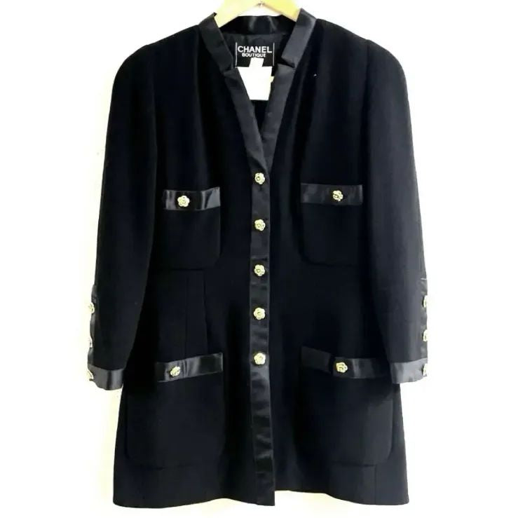CHANEL カメリア ウールシルク ノーカラージャケット サイズ42