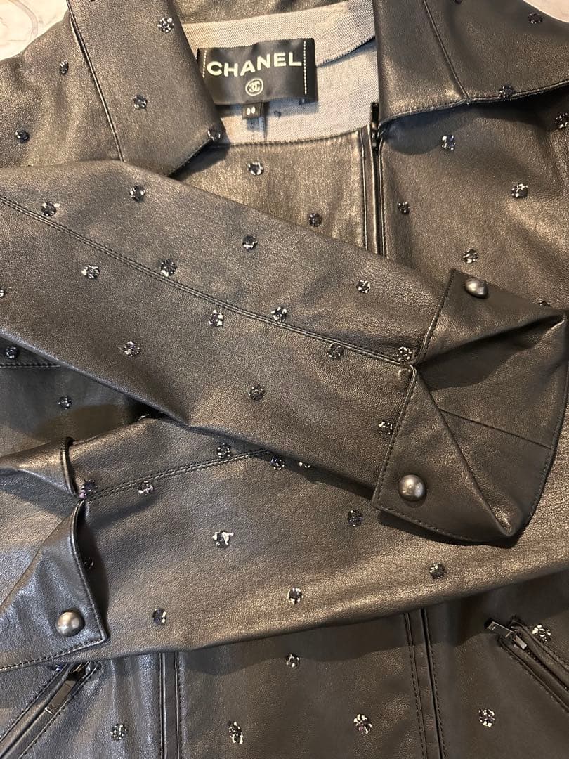 CHANEL Lamb Leather Double Riders Jacket Dot Motif Size 38