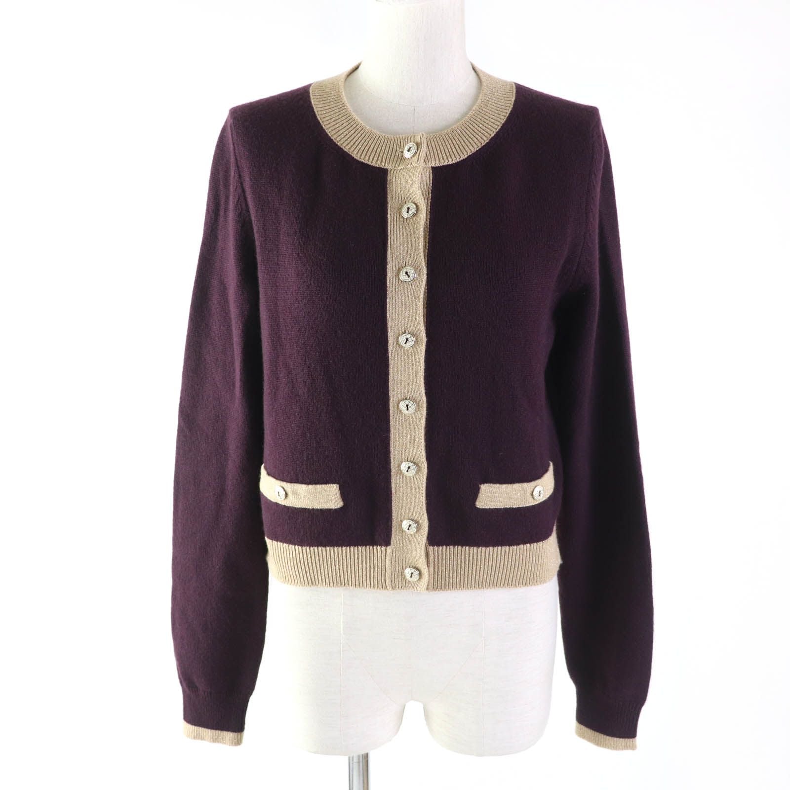 CHANEL 17A Cashmere Keyhole Button Cardigan Plum / Golden Beige Size 38