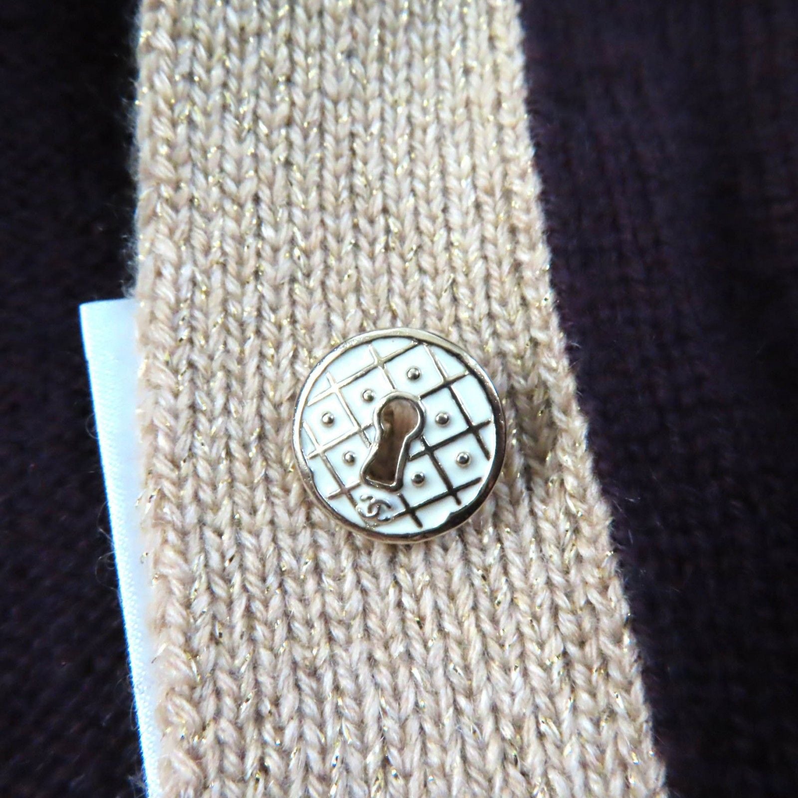 CHANEL 17A Cashmere Keyhole Button Cardigan Plum / Golden Beige Size 38