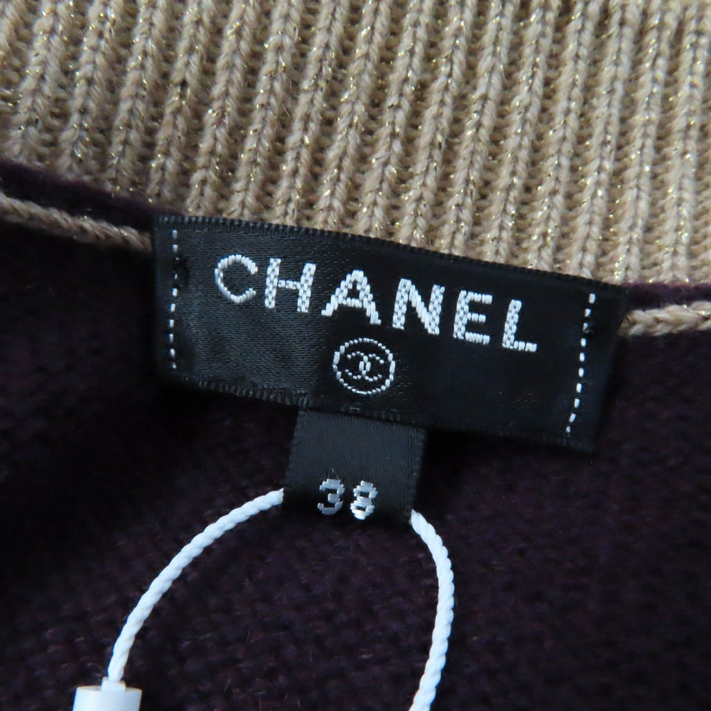 CHANEL 17A Cashmere Keyhole Button Cardigan Plum / Golden Beige Size 38
