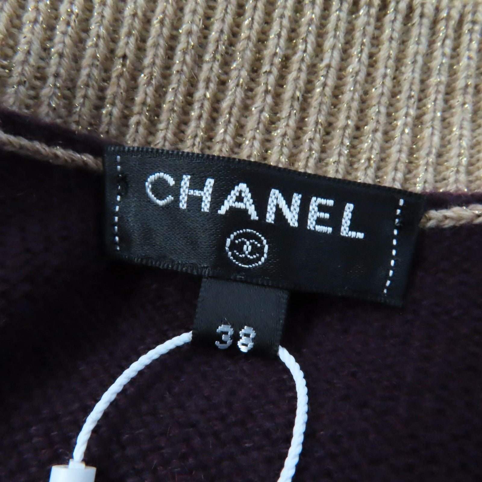 CHANEL 17A Cashmere Keyhole Button Cardigan Plum / Golden Beige Size 38