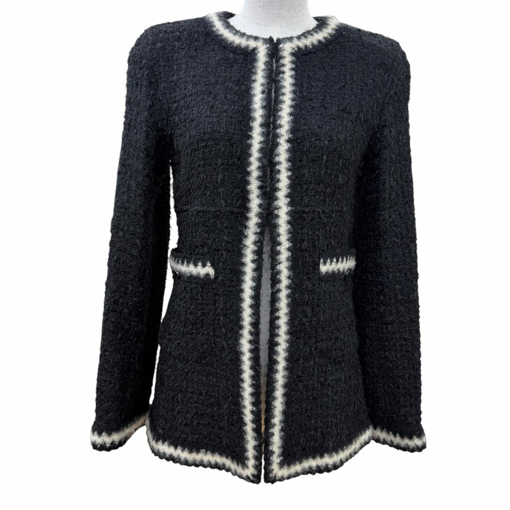 CHANEL Vintage 98A Mohair Blend Knit Tweed No-Collar Jacket Black CC Buttons Size 36