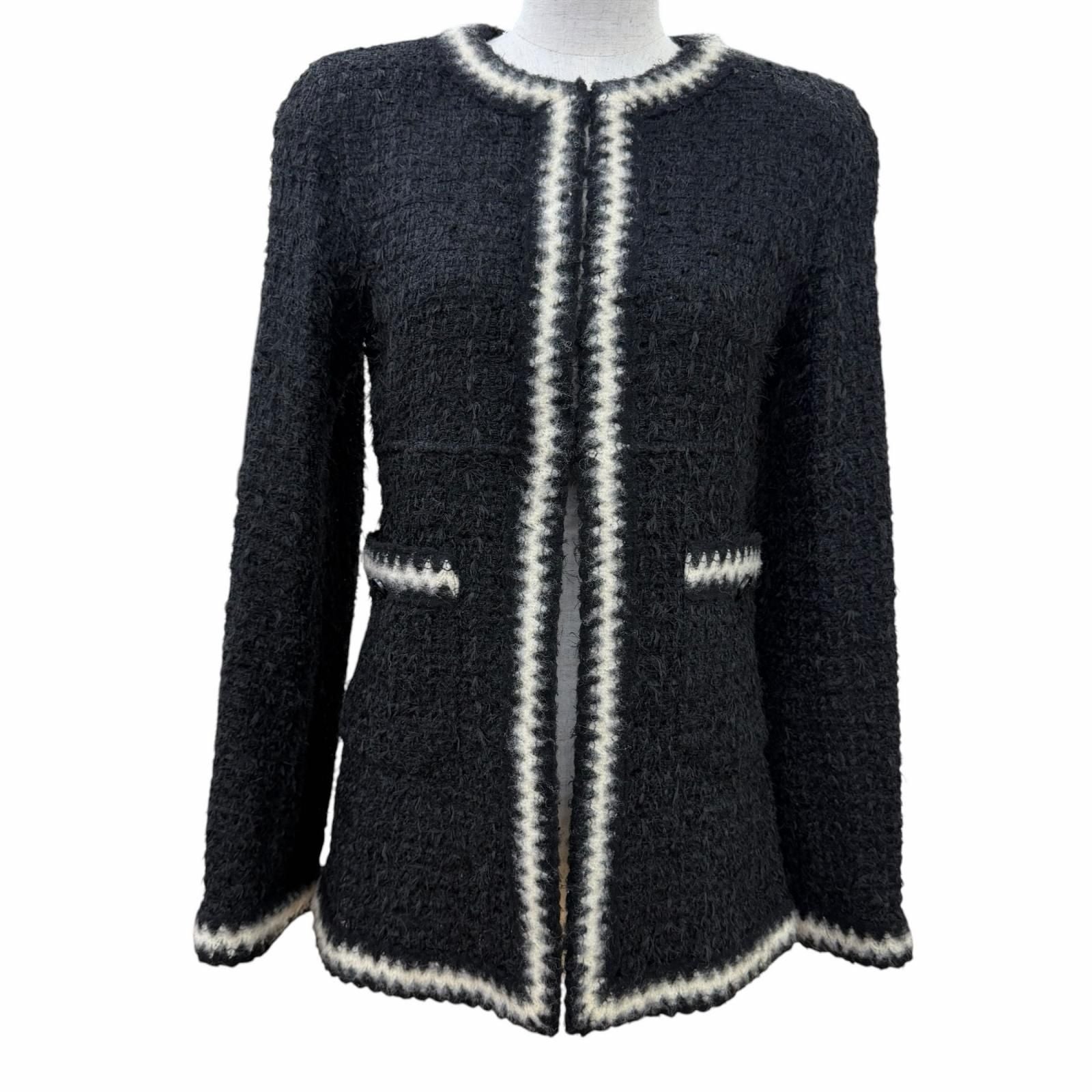 CHANEL Vintage 98A Mohair Blend Knit Tweed No-Collar Jacket Black CC Buttons Size 36