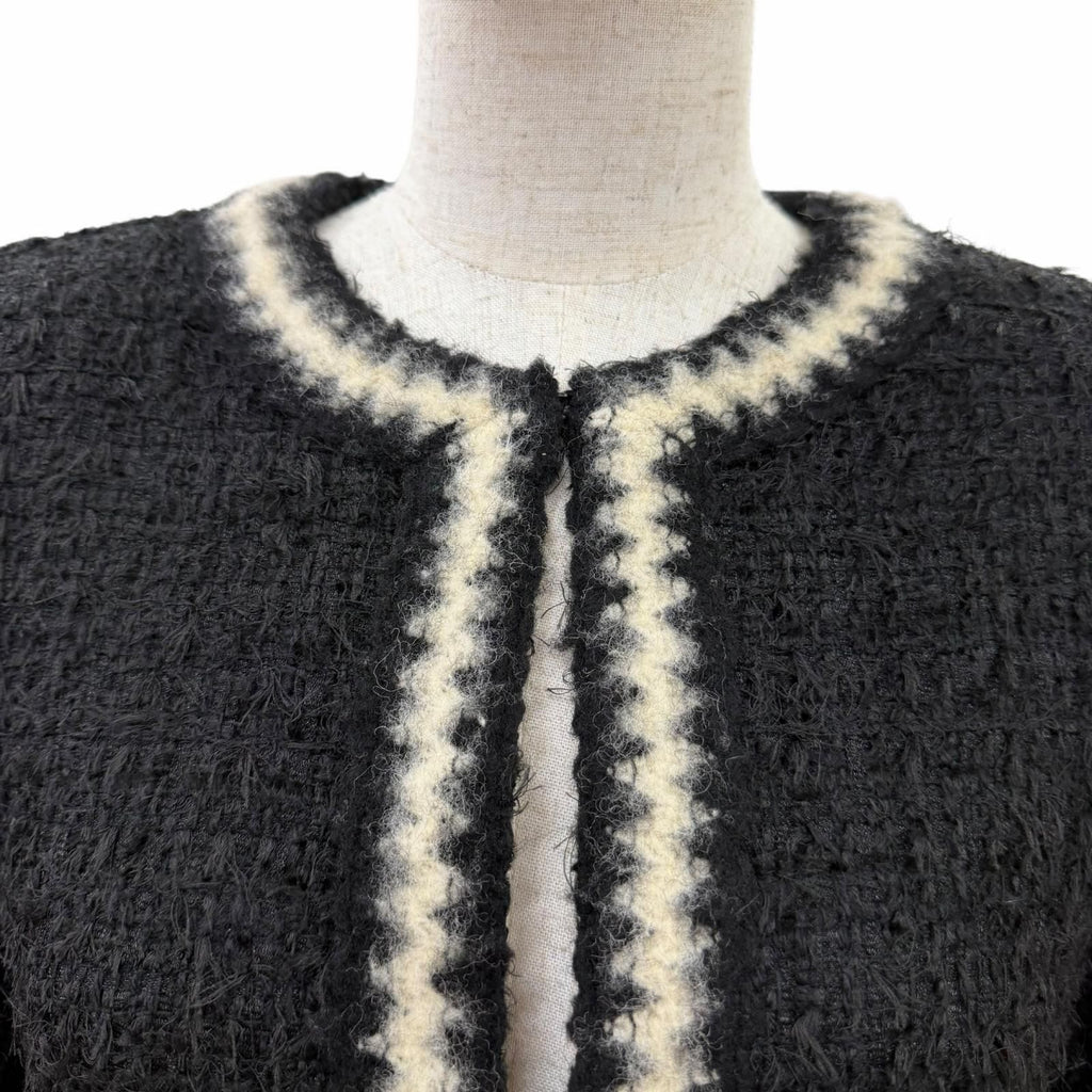 CHANEL Vintage 98A Mohair Blend Knit Tweed No-Collar Jacket Black CC Buttons Size 36