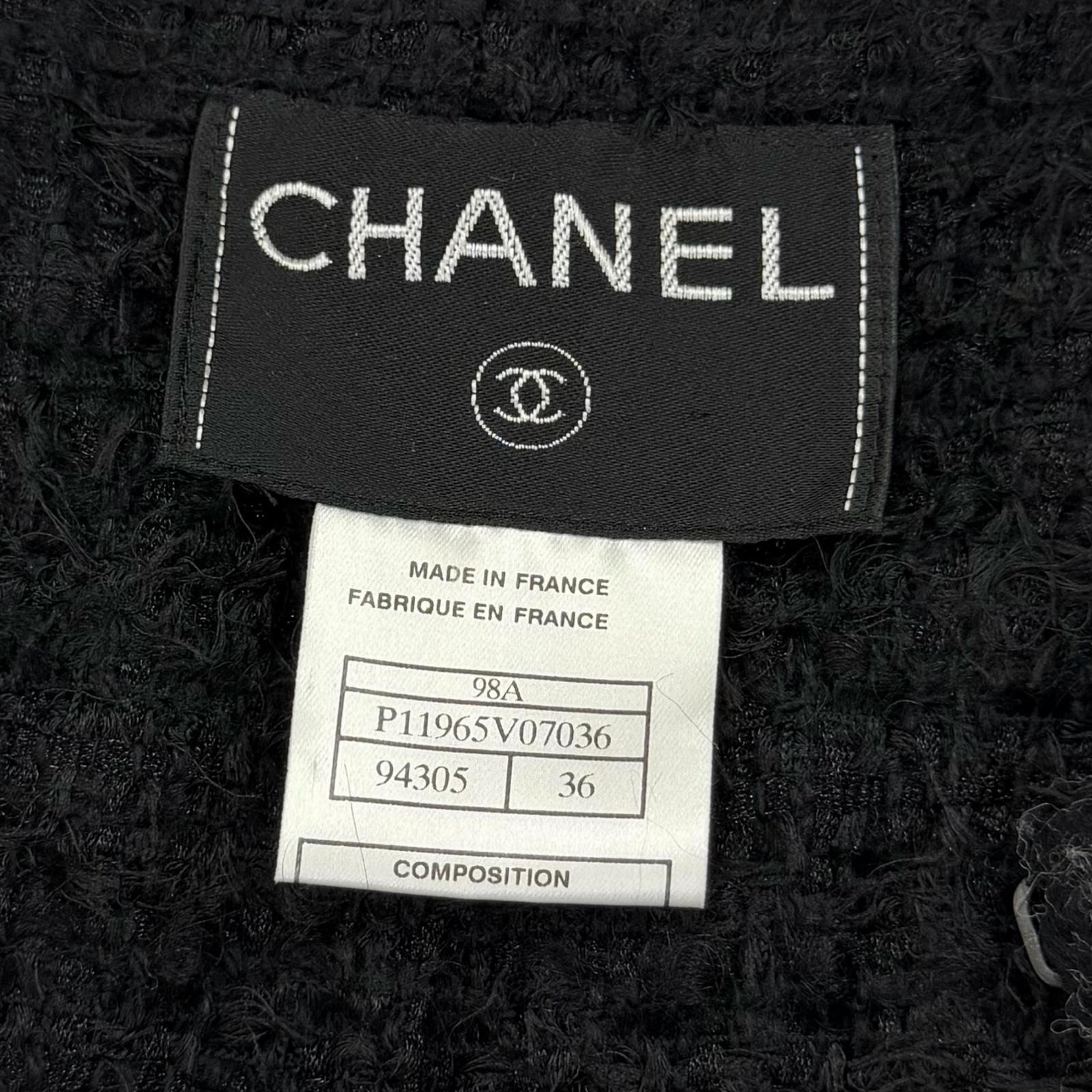 CHANEL Vintage 98A Mohair Blend Knit Tweed No-Collar Jacket Black CC Buttons Size 36