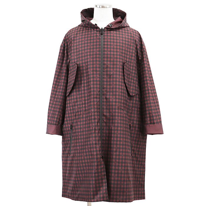 FENDI FF Logo Zucca Houndstooth Reversible Nylon Hooded Long Raincoat Dark Red / Black Size 48