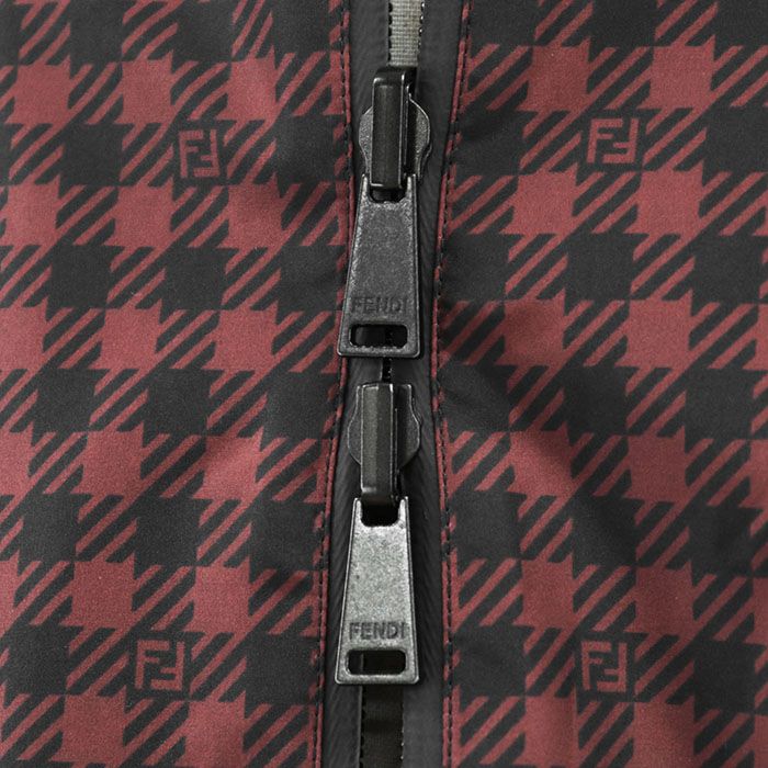 FENDI FF Logo Zucca Houndstooth Reversible Nylon Hooded Long Raincoat Dark Red / Black Size 48