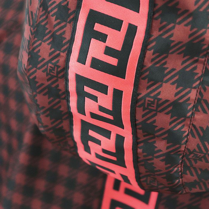 FENDI FF Logo Zucca Houndstooth Reversible Nylon Hooded Long Raincoat Dark Red / Black Size 48