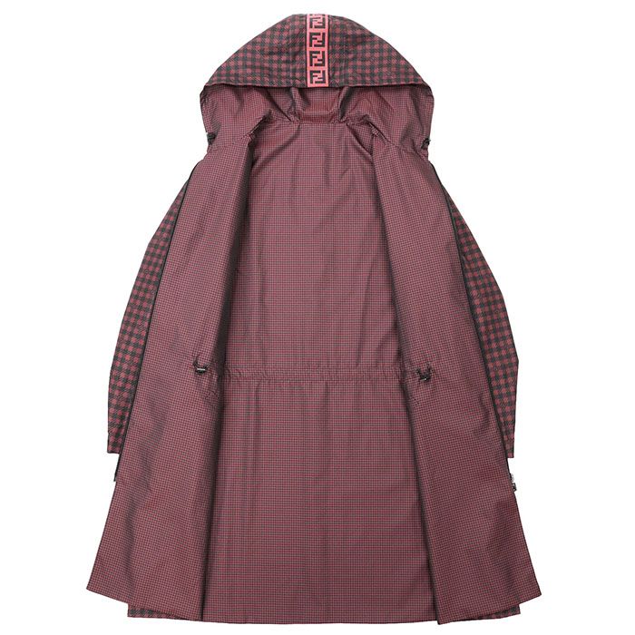 FENDI FF Logo Zucca Houndstooth Reversible Nylon Hooded Long Raincoat Dark Red / Black Size 48
