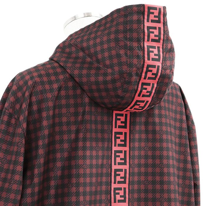 FENDI FF Logo Zucca Houndstooth Reversible Nylon Hooded Long Raincoat Dark Red / Black Size 48