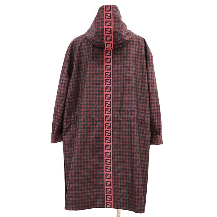 FENDI FF Logo Zucca Houndstooth Reversible Nylon Hooded Long Raincoat Dark Red / Black Size 48