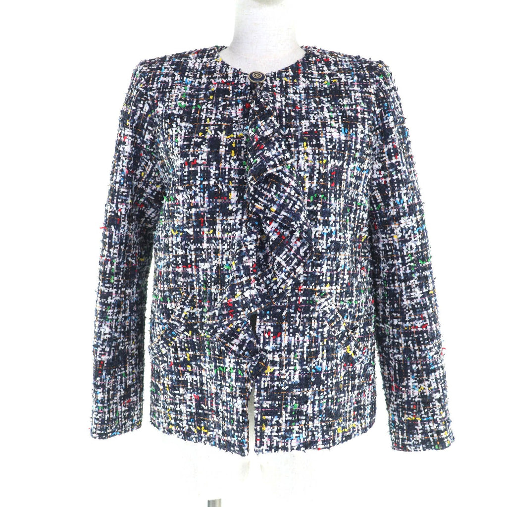 CHANEL ノーカラージャケット P62686 ミックスツイード フリル ココマークボタン シルク裏地 マルチカラー サイズ34