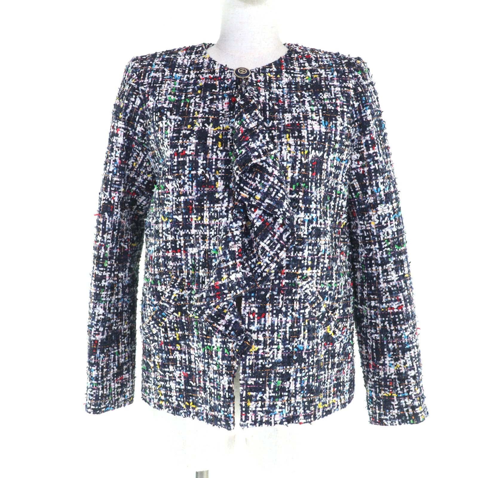 CHANEL ノーカラージャケット P62686 ミックスツイード フリル ココマークボタン シルク裏地 マルチカラー サイズ34
