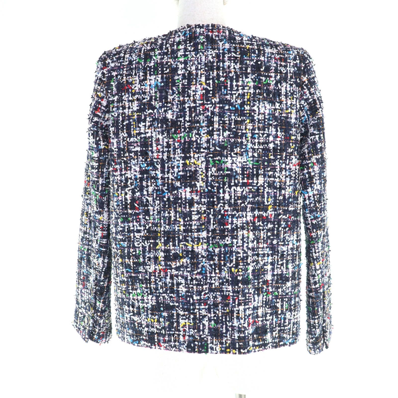 CHANEL ノーカラージャケット P62686 ミックスツイード フリル ココマークボタン シルク裏地 マルチカラー サイズ34