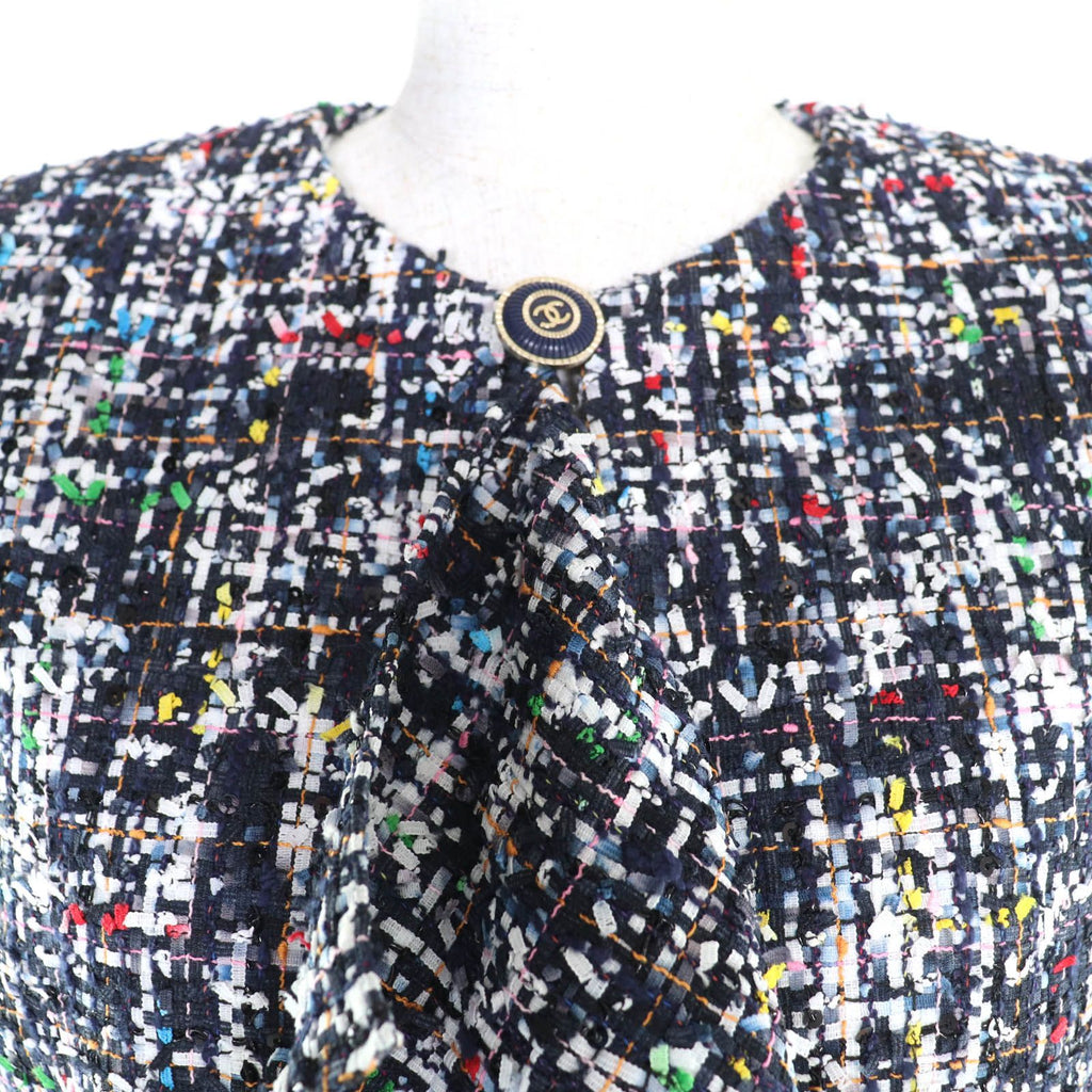 CHANEL ノーカラージャケット P62686 ミックスツイード フリル ココマークボタン シルク裏地 マルチカラー サイズ34