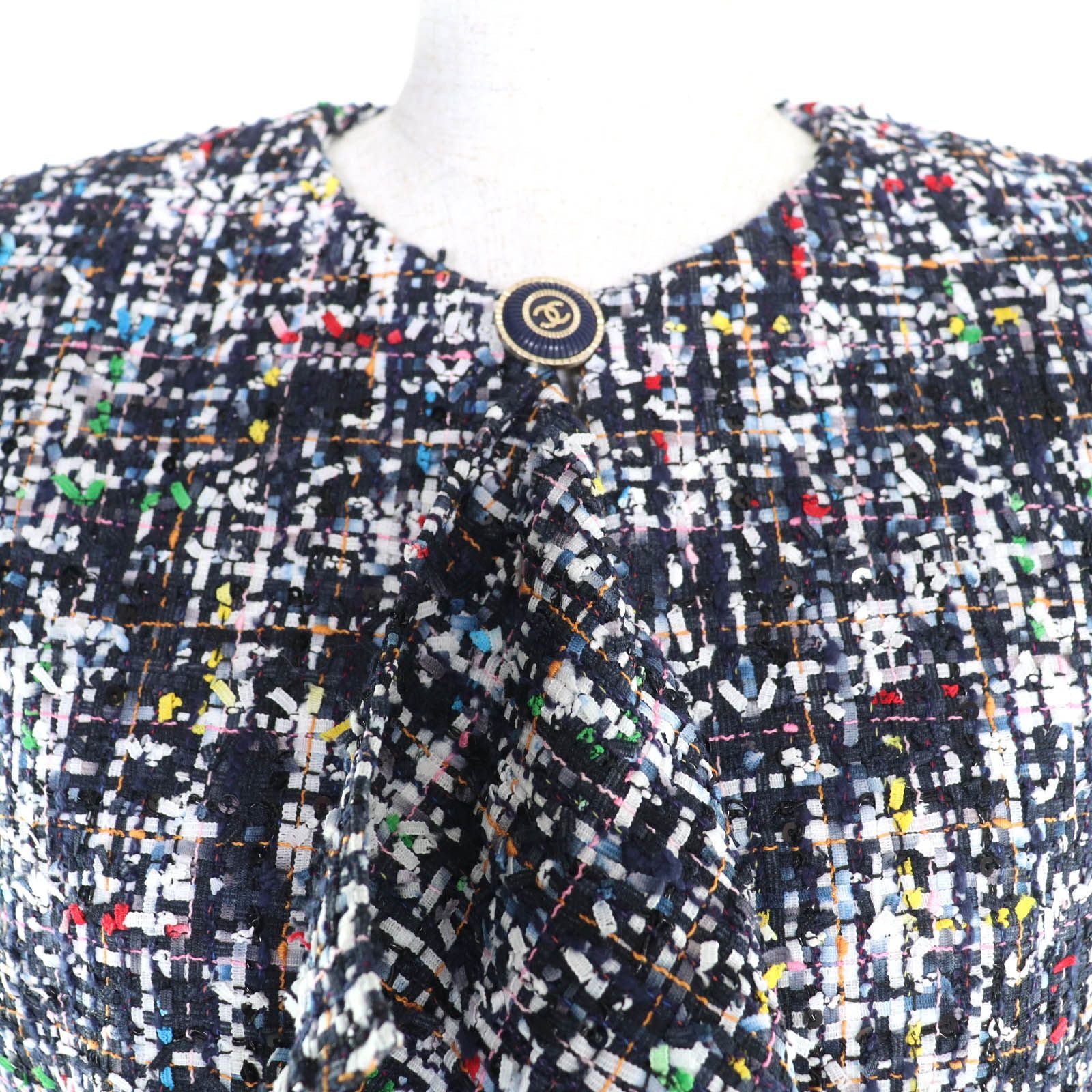 CHANEL ノーカラージャケット P62686 ミックスツイード フリル ココマークボタン シルク裏地 マルチカラー サイズ34