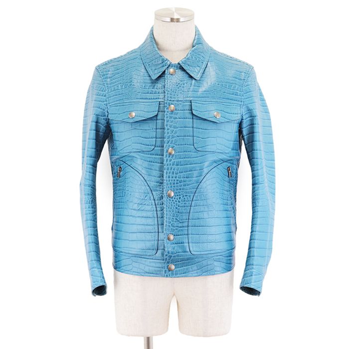 TOM FORD Crocodile Embossed Calf Leather Tracker Blouson Jacket Turquoise Blue Size 46