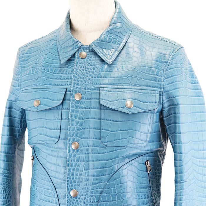 TOM FORD Crocodile Embossed Calf Leather Tracker Blouson Jacket Turquoise Blue Size 46