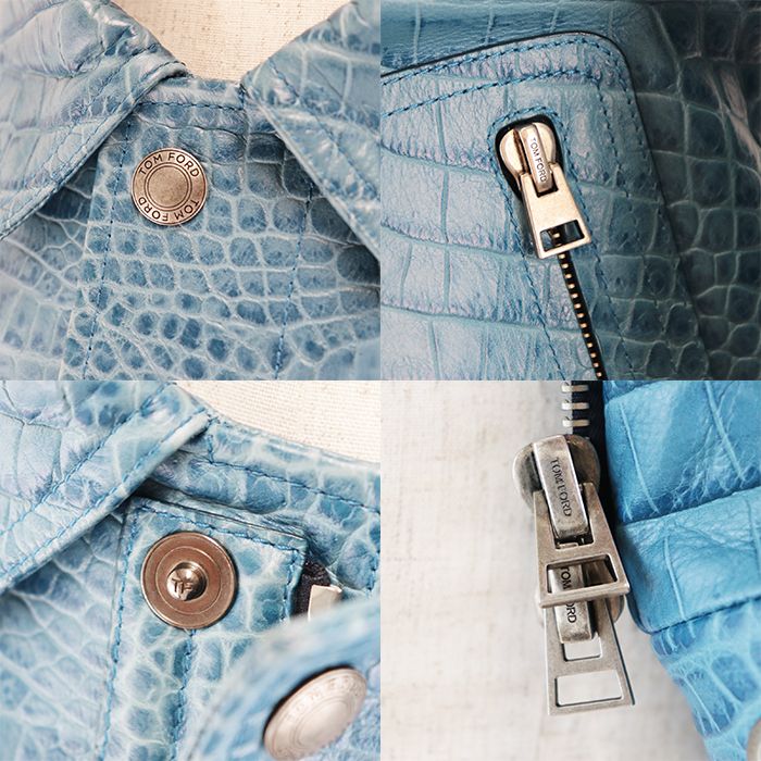TOM FORD Crocodile Embossed Calf Leather Tracker Blouson Jacket Turquoise Blue Size 46